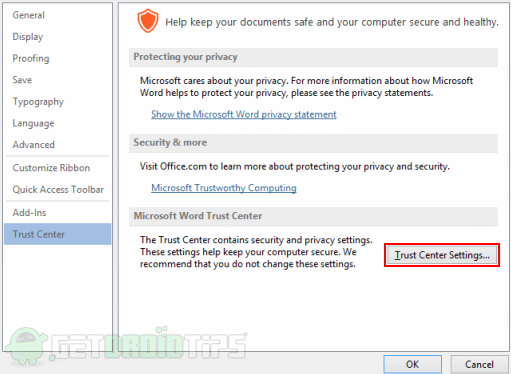 disable word document protected view
