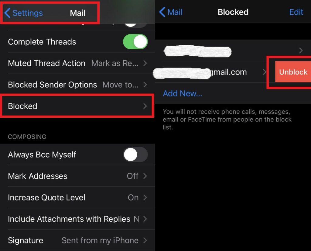 unblock a email sender on Mail App