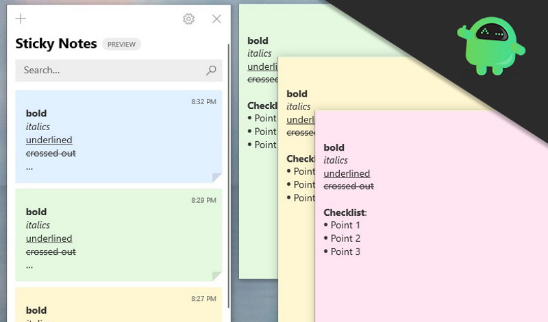 Sticky shop notes shortcuts