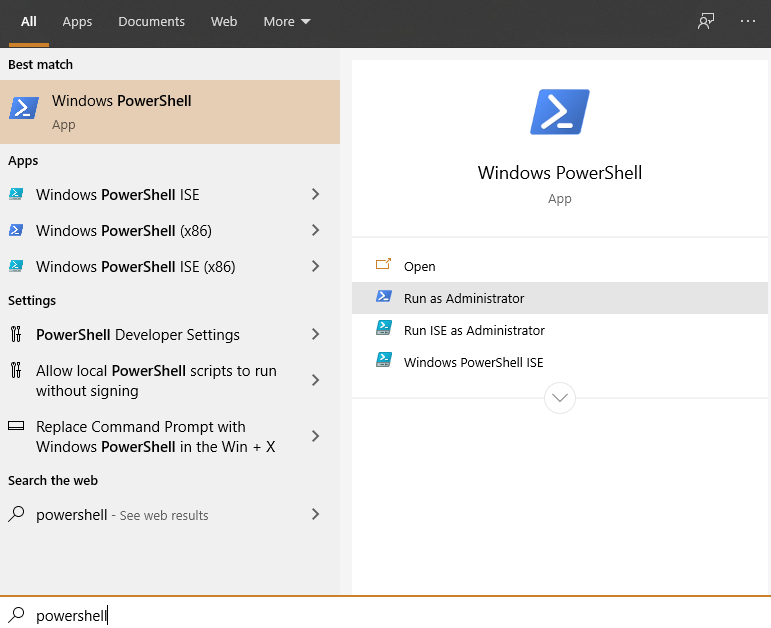Open Powershell (Administrator) on Windows 10