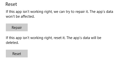 Reset and Repair apps on Windows