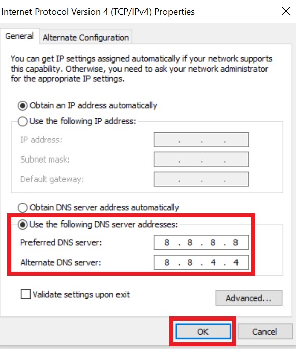 Setup Preferred and Alternate DNS