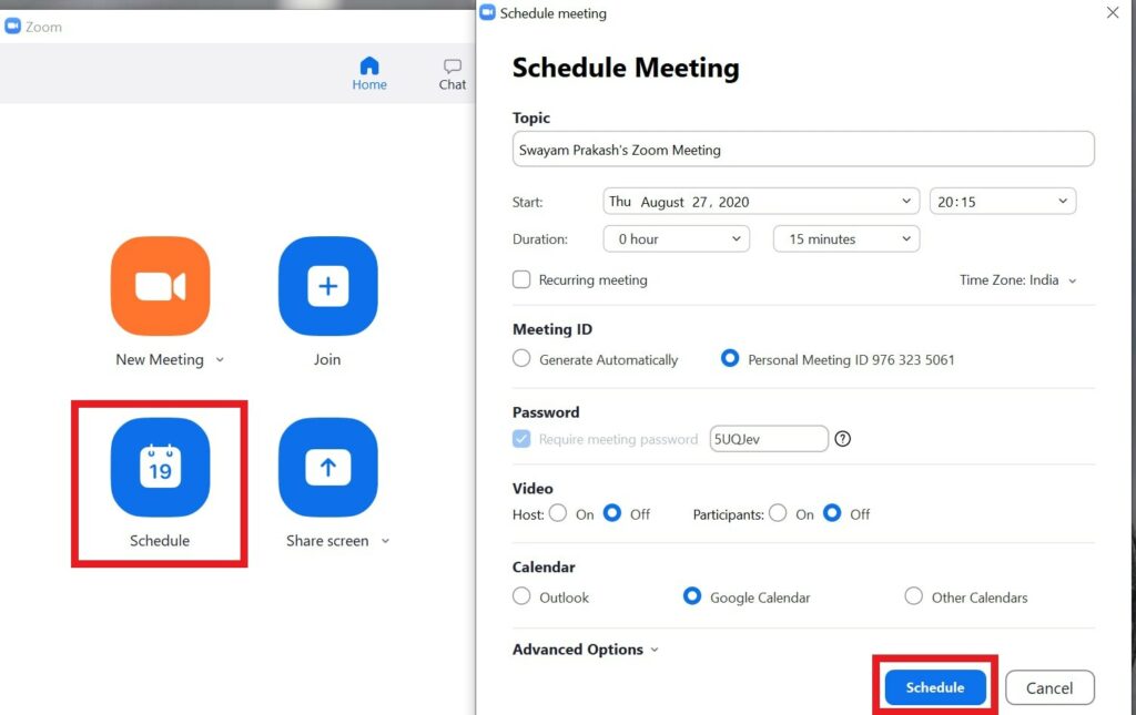 Schedule meeting on zoom App
