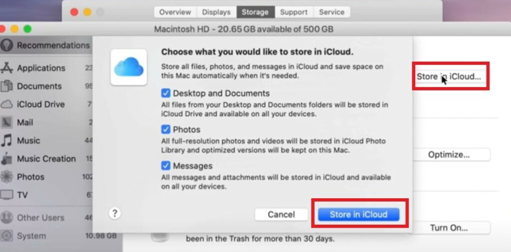 store data on iCloud to free storage on Apple Macbook