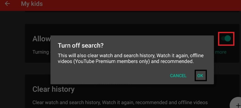 Turn off search on YouTube Kids