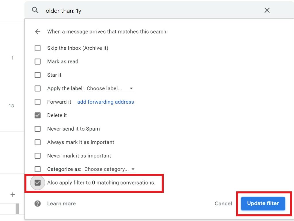update filter to auto delete emails in future