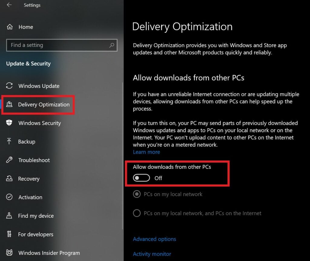 Windows delivery optimization