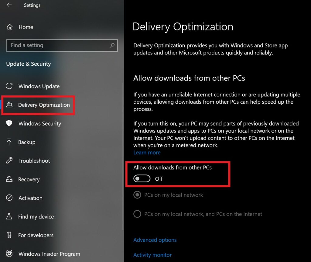 Windows delivery optimization