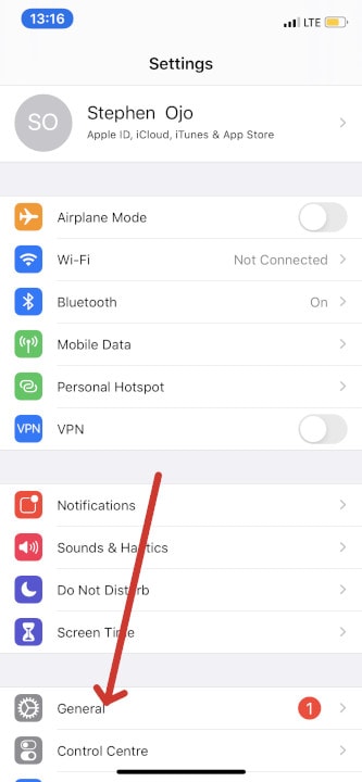 General Settings Menu - iPhone