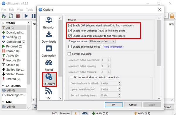 QBittorrent Settings peer sources