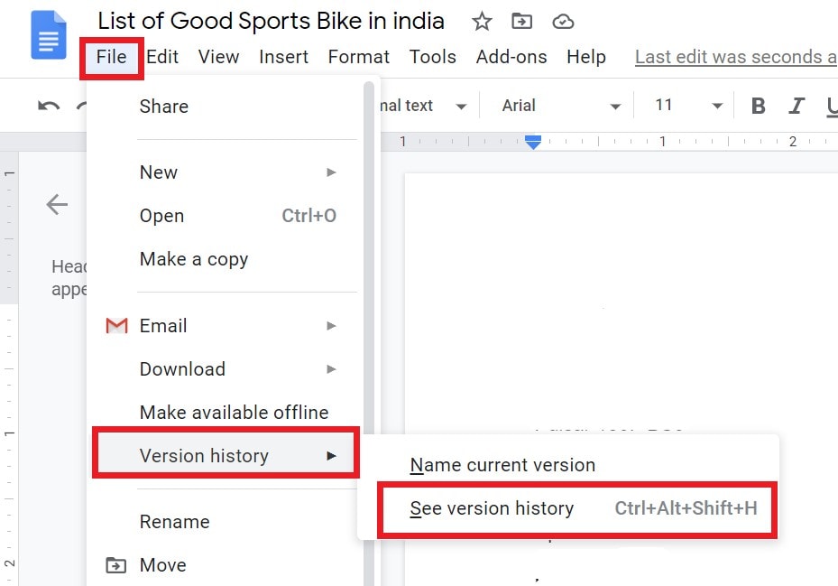 Access version history of google doc file