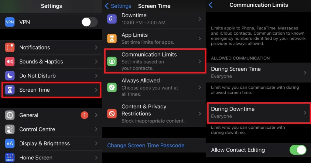 iPhone Communication limits and allowed communication