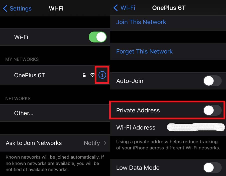 disable private WiFi MAC address on iPhone and iPad