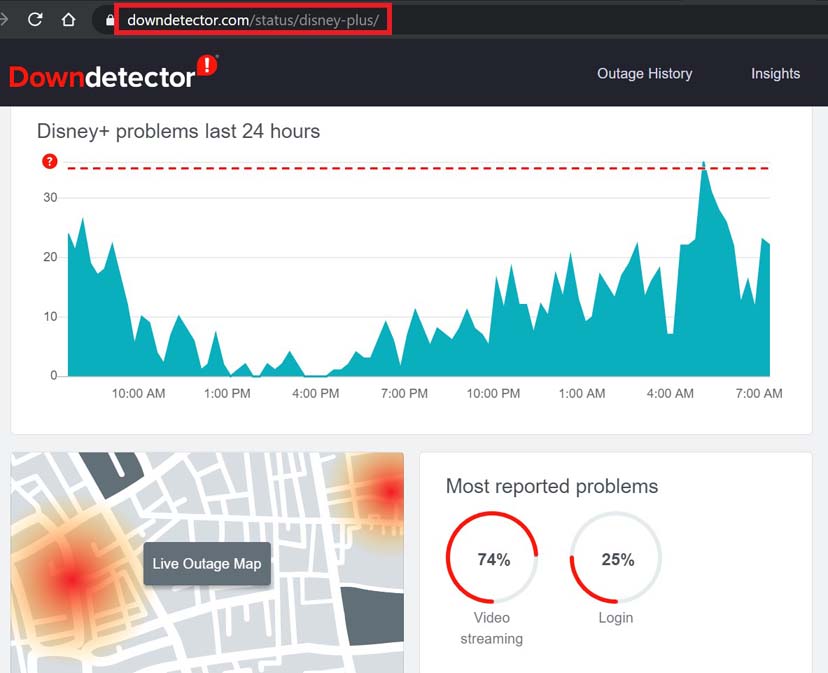 check with Downdetector if Disney Plus server is down or not