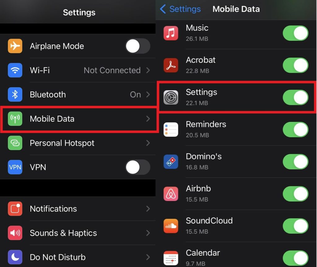 enable mobile data for Settings app