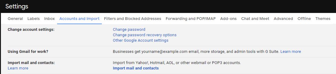 gmail settings accounts and import