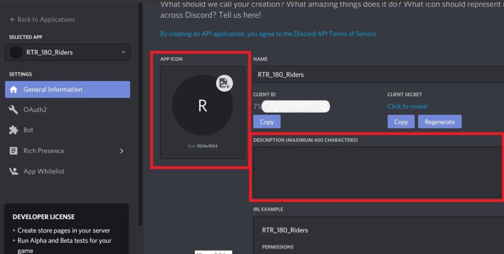 Add icon and name of the Discord Bot Token