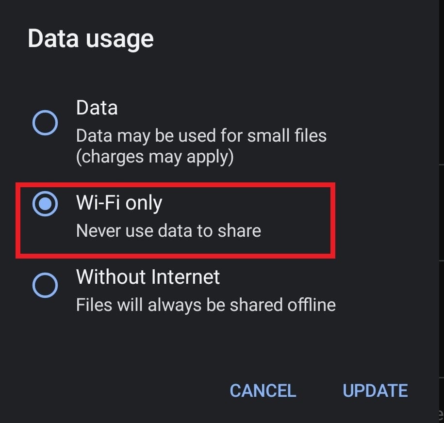Nearby Share Data usage options