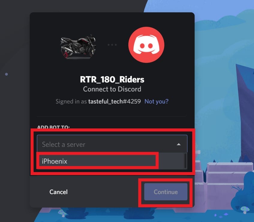 Select Server to assign the Discord bot token