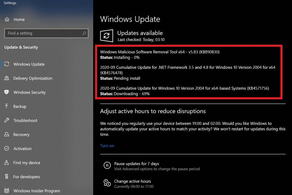 Windows OS system update installation