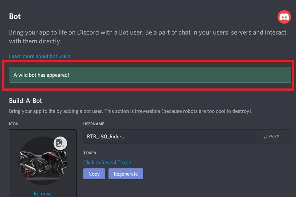 Bot token created on Discord