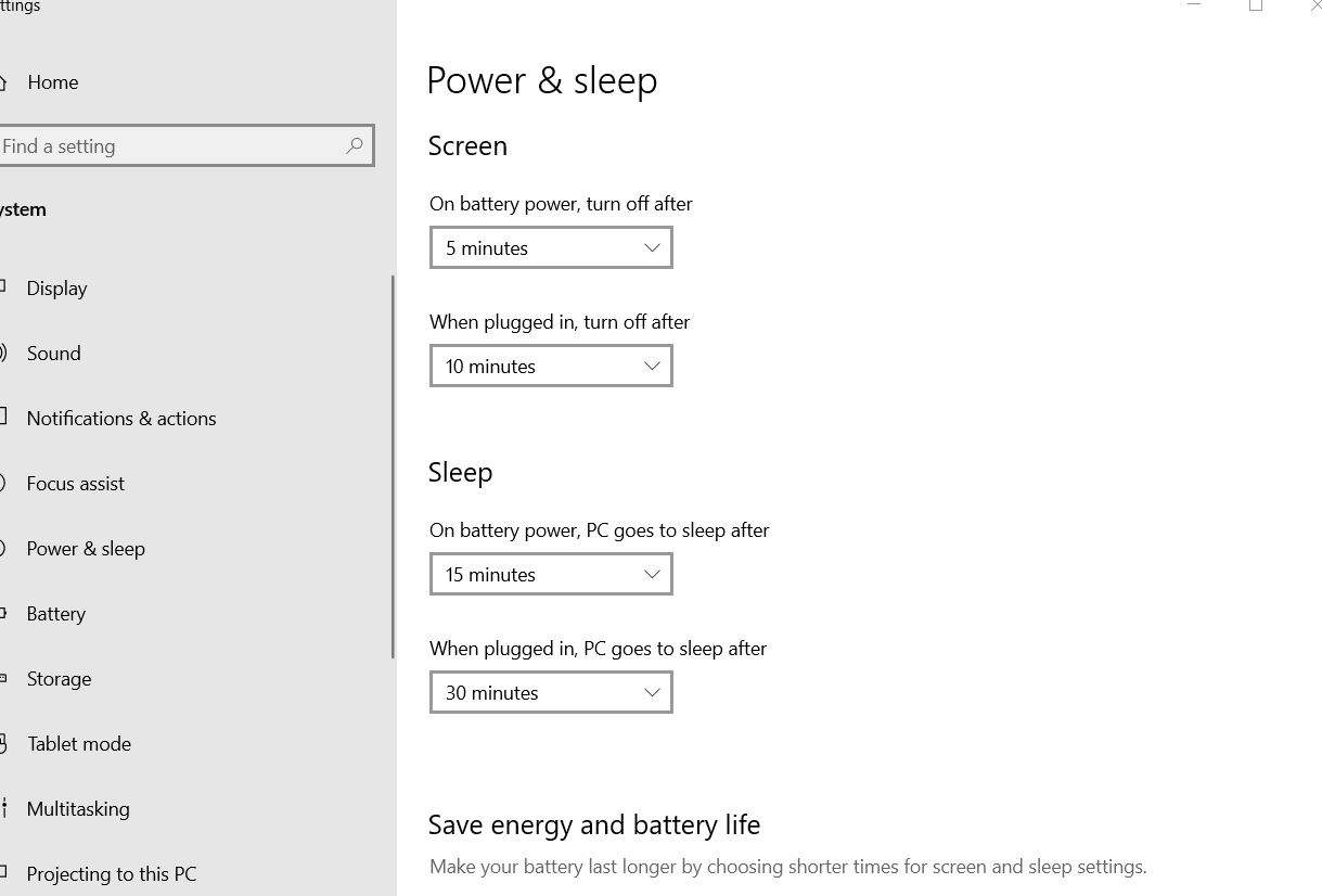 power and sleep settings