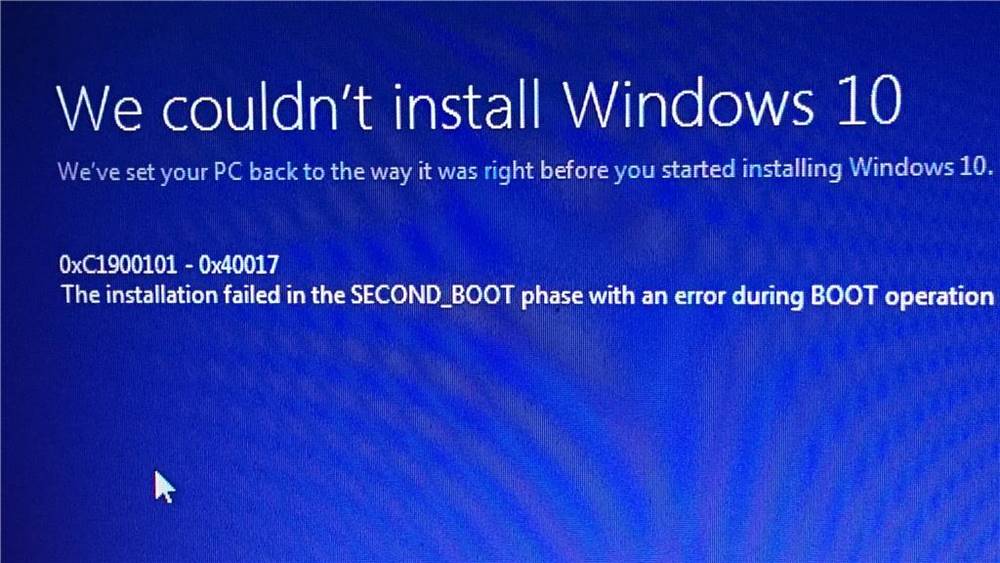 Windows 10 Upgrade fails Error OxC1900101-Ox40017