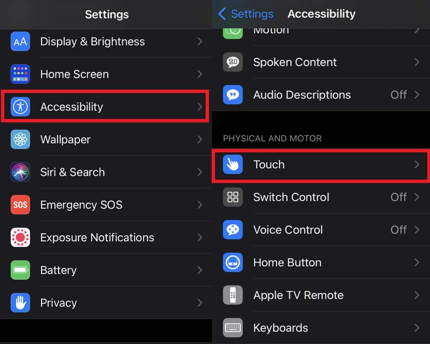 iPhone Accessibility Settings to enable assistive touch