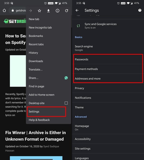 chrome autofill settings android