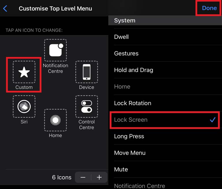 Assistive touch iPhone customize top level menu