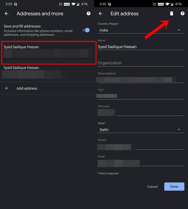 delete address android