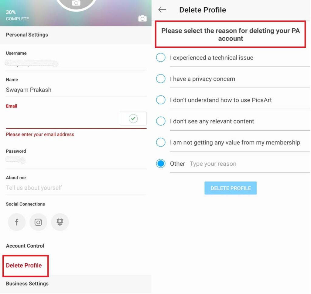 delete PicsArt account permanently