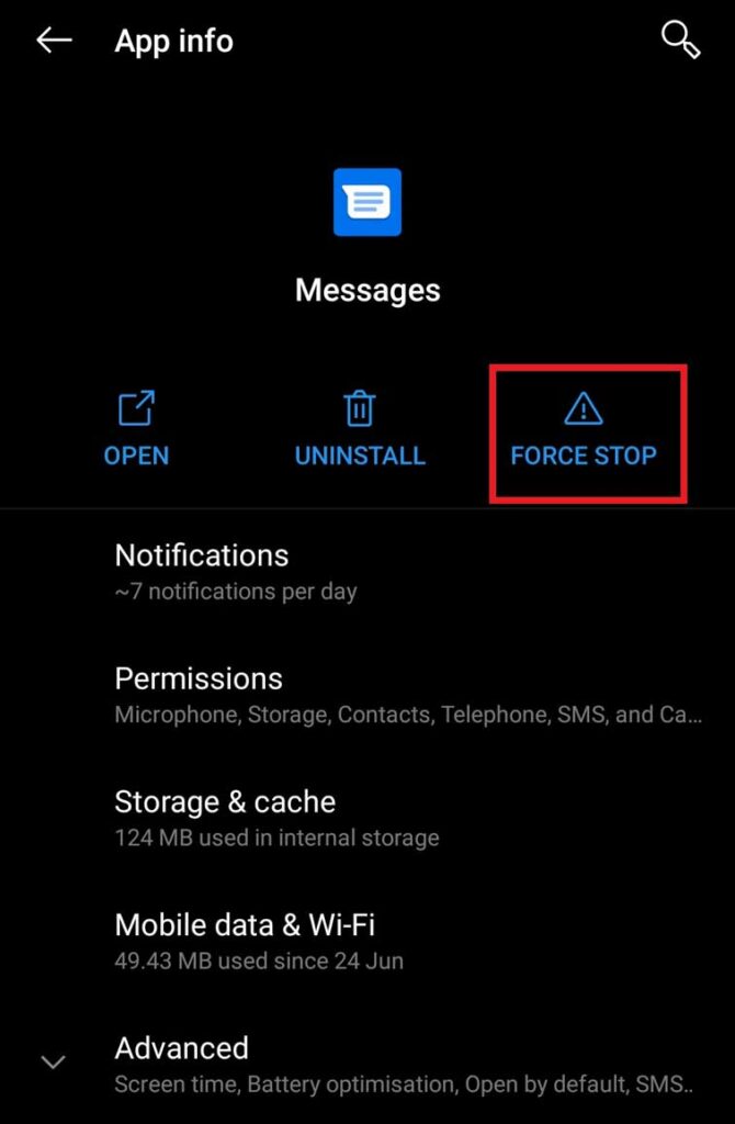 force stop messages app to fix Message not sent problem