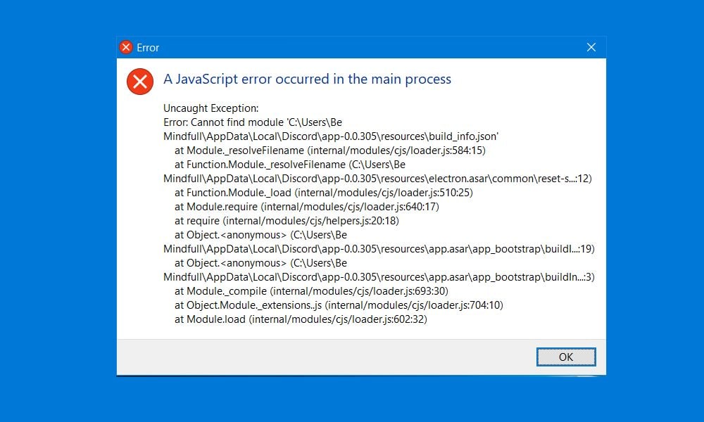 Error process not found. Ошибка JAVASCRIPT Error occurred. Ошибка JAVASCRIPT Error. Ошибка JAVASCRIPT Error occurred in the main process. Дискорд JAVASCRIPT Error.