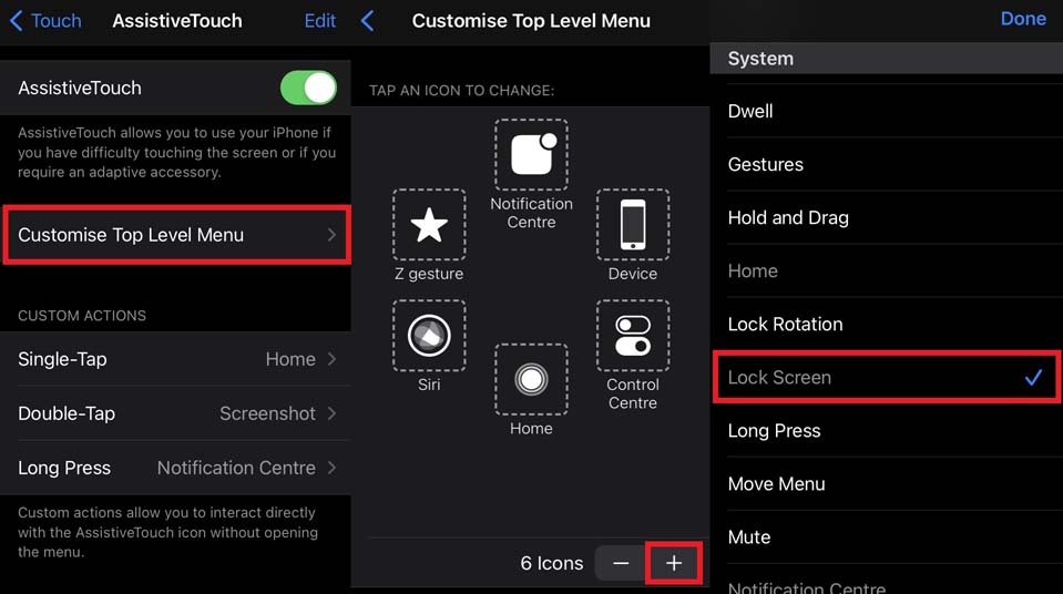 установить пользовательскую виртуальную кнопку в разделе Assistive Touch на iPhone / iPad