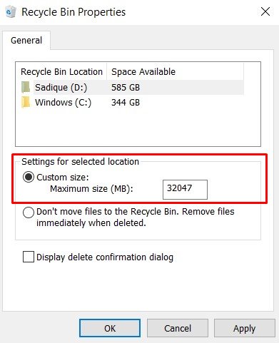 recycle bin space