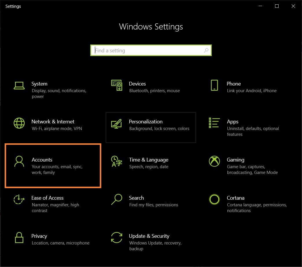 sign in option account windows 10