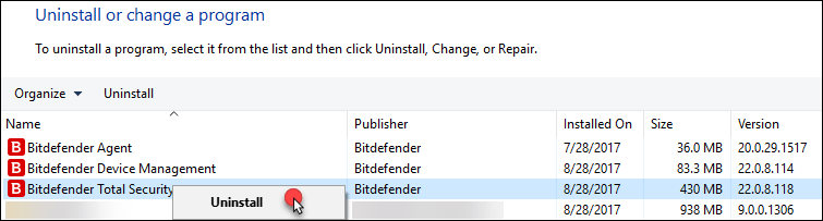 uninstall bitdefender error