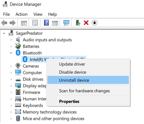 uninstall bluetooth from windows