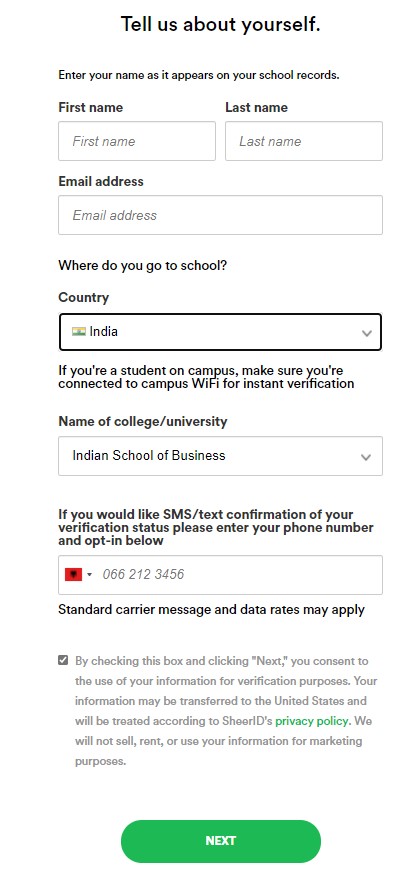 verification form Spotify Student