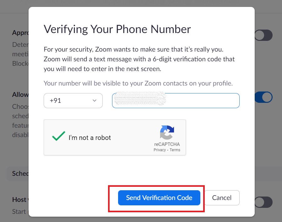 enter phone number and get verification code