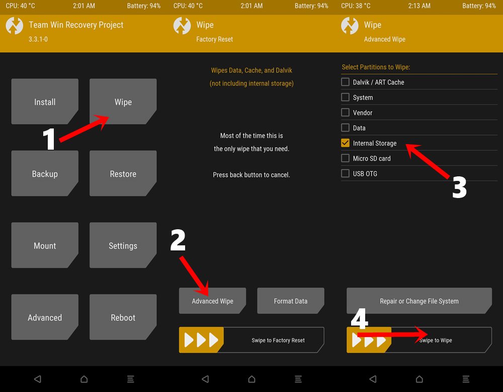 wipe internal twrp
