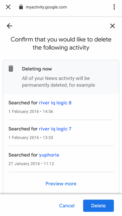 Delete all Activity from Google