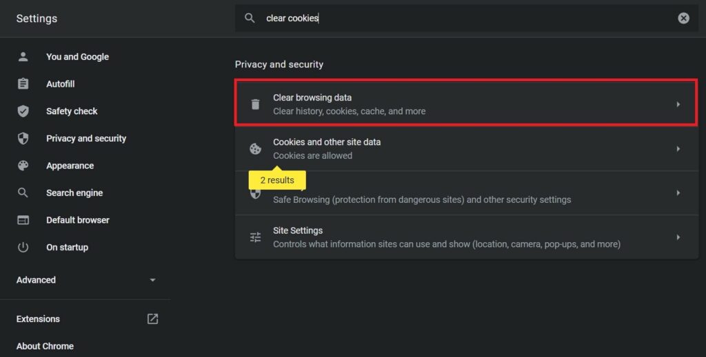 Chrome Settings to clear browsing data