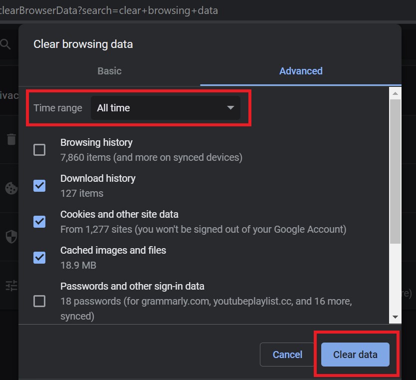 clear browsing data on Chrome to fix Google Docs spell check not working issue