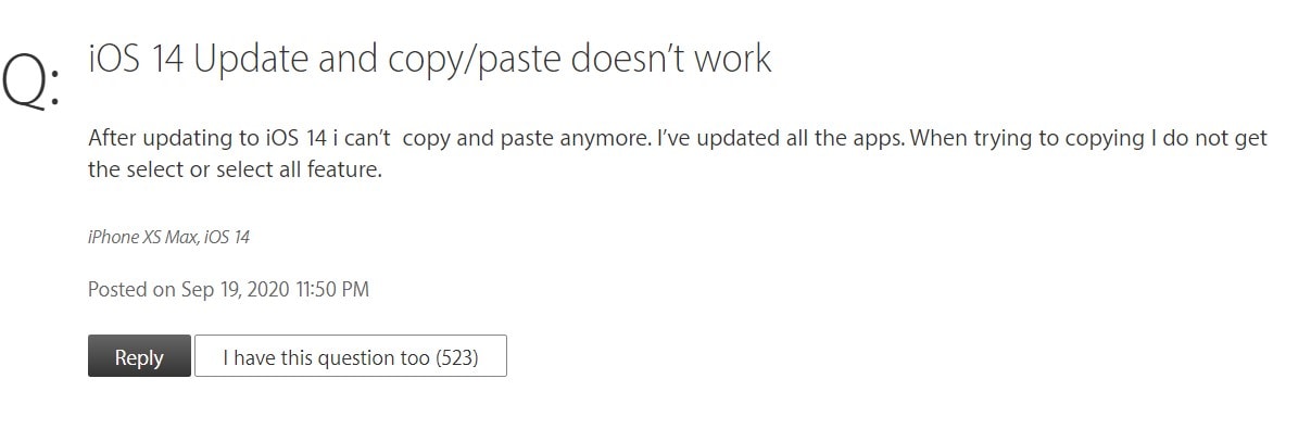 copy paste issue ios 14