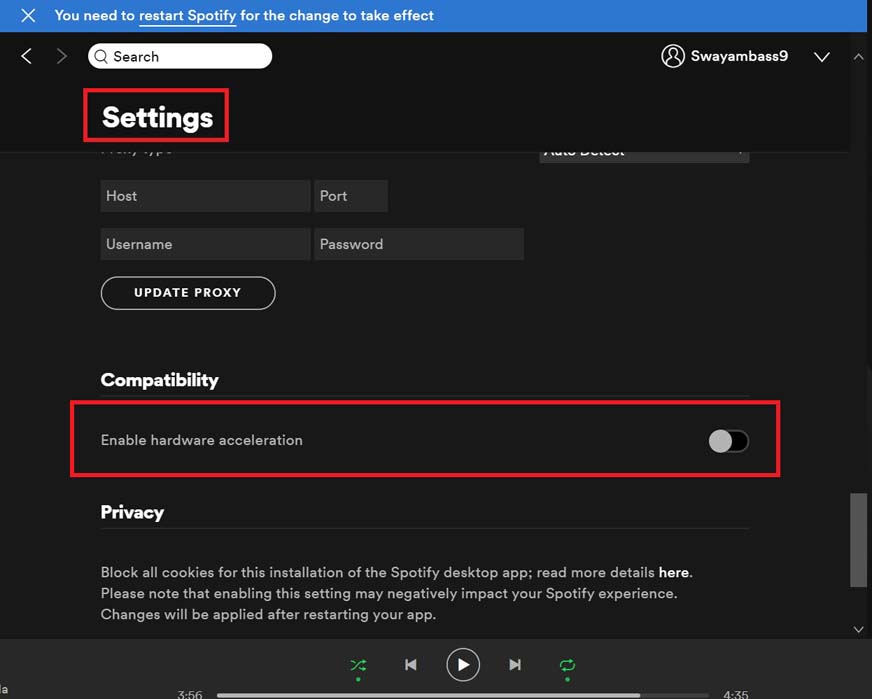Spotify app can't play music issue: disable hardware acceleration