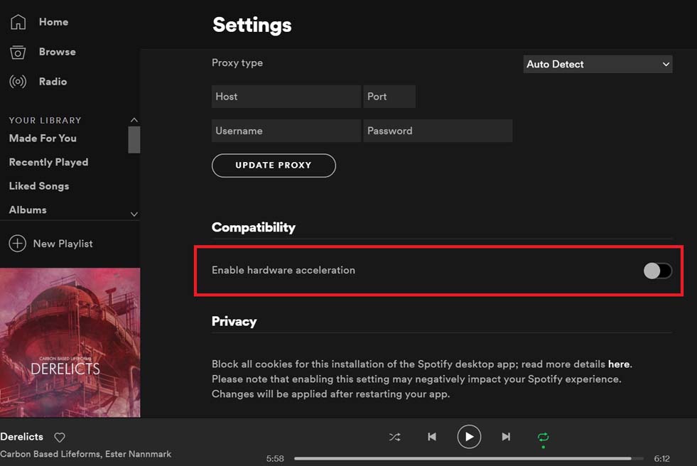 disable hardware acceleration if Spotify desktop app is slow
