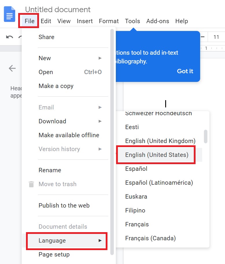 check language settings on Google Docs