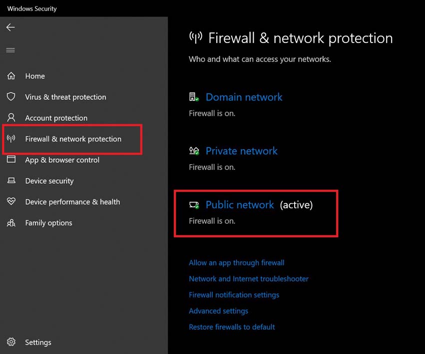disable firewall public network